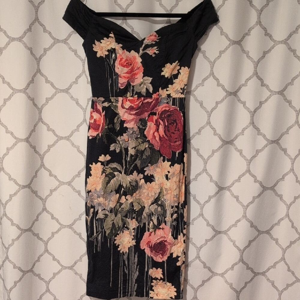 ASOS Black Midi Dress with Pink and Cream Floral Print